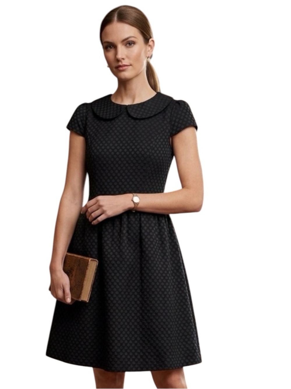 Kensie Women’s Black Fit and Flare Polka Dot Dress w Petter Pan Collar Sz Medium
